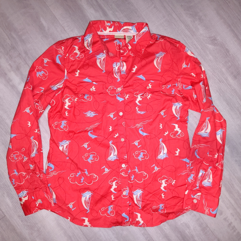 L.L. Bean Coral and Blue Patterned Shirt
